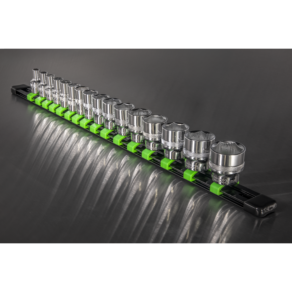Premier Socket Retaining Rail with 16 Clips 3/8"Sq Drive - Hi-Vis Green
