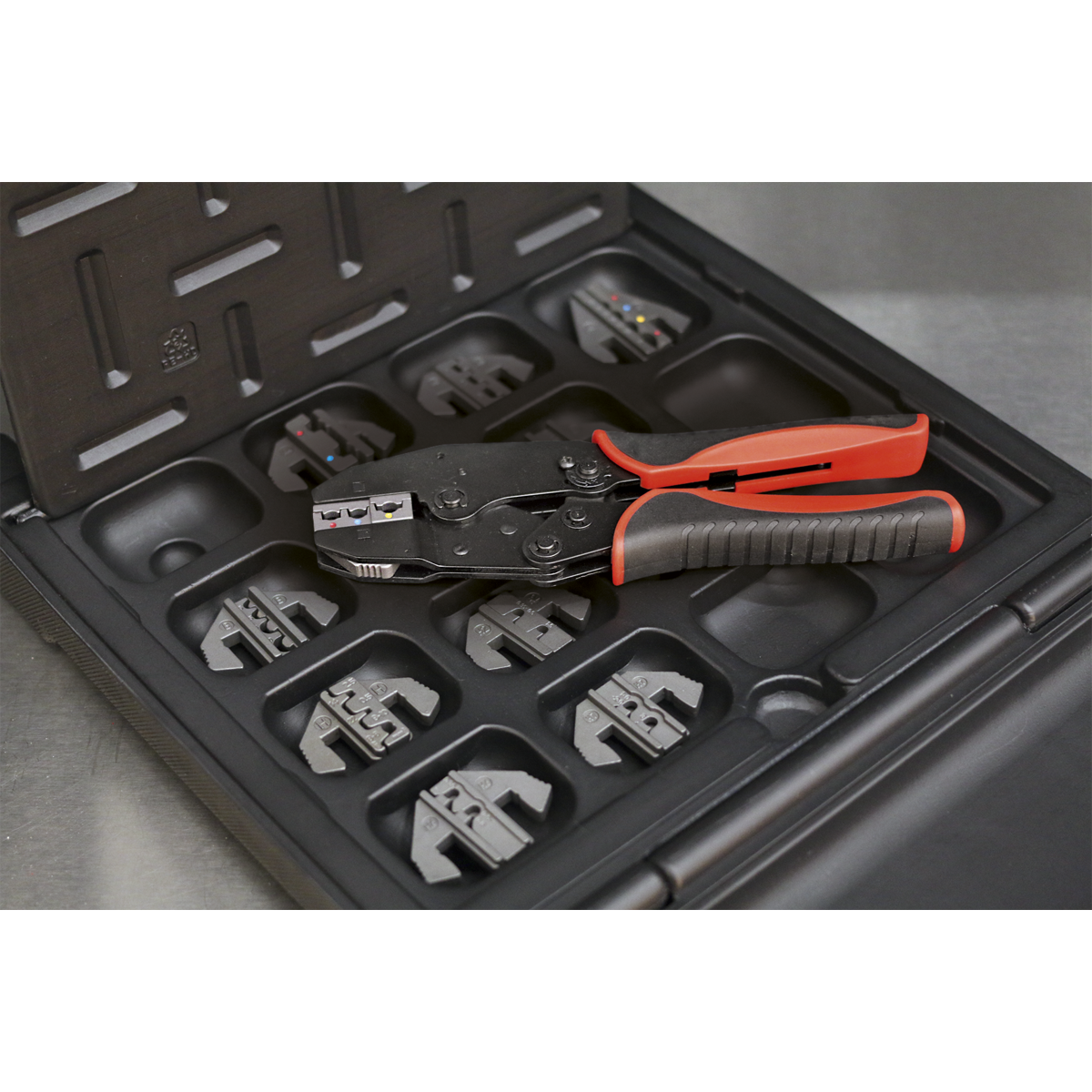 Ratchet Crimping Tool with Jaws and Storage Case