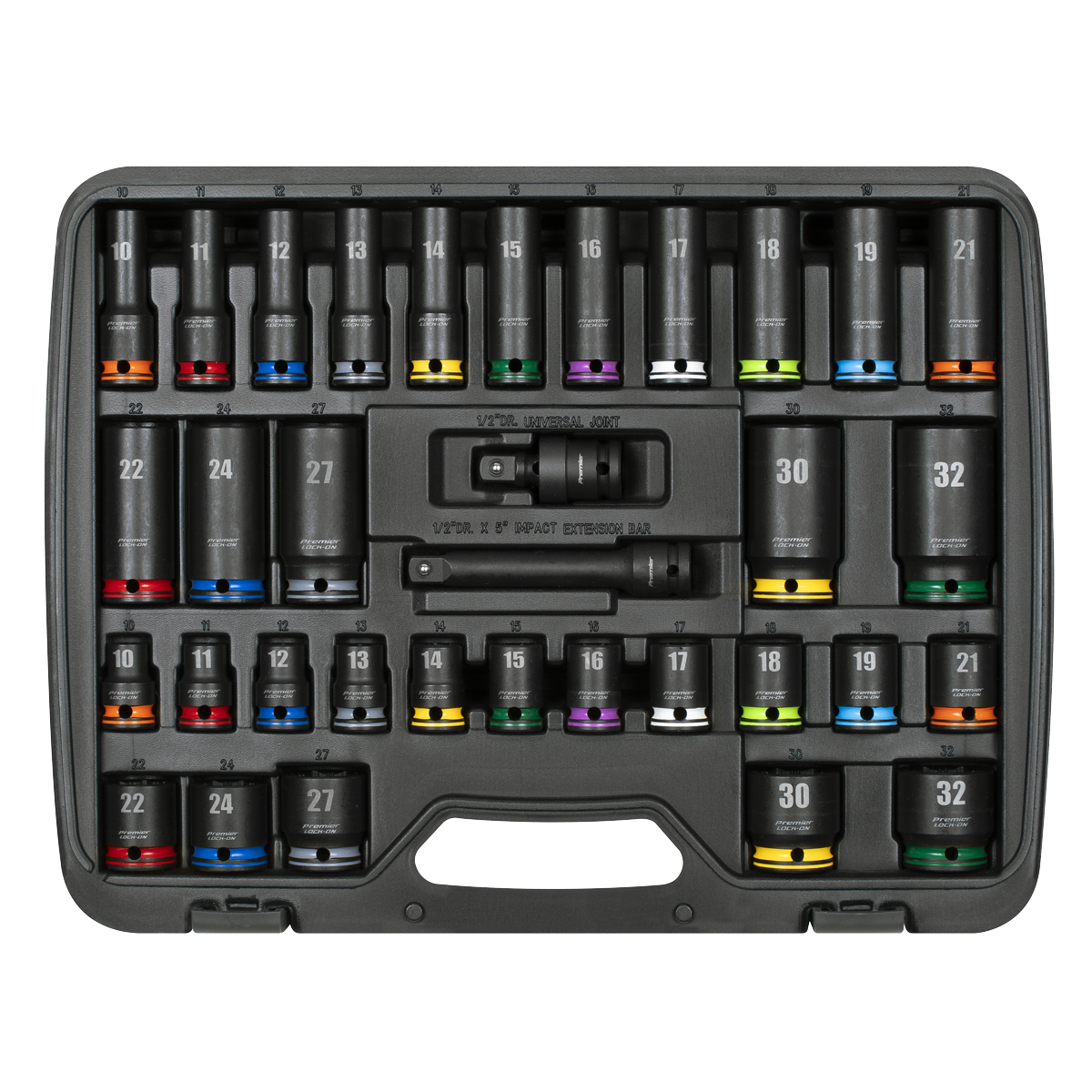 Lock-On™ Standard & Deep Impact Socket Set 34pc 1/2"Sq Drive 6pt Metric