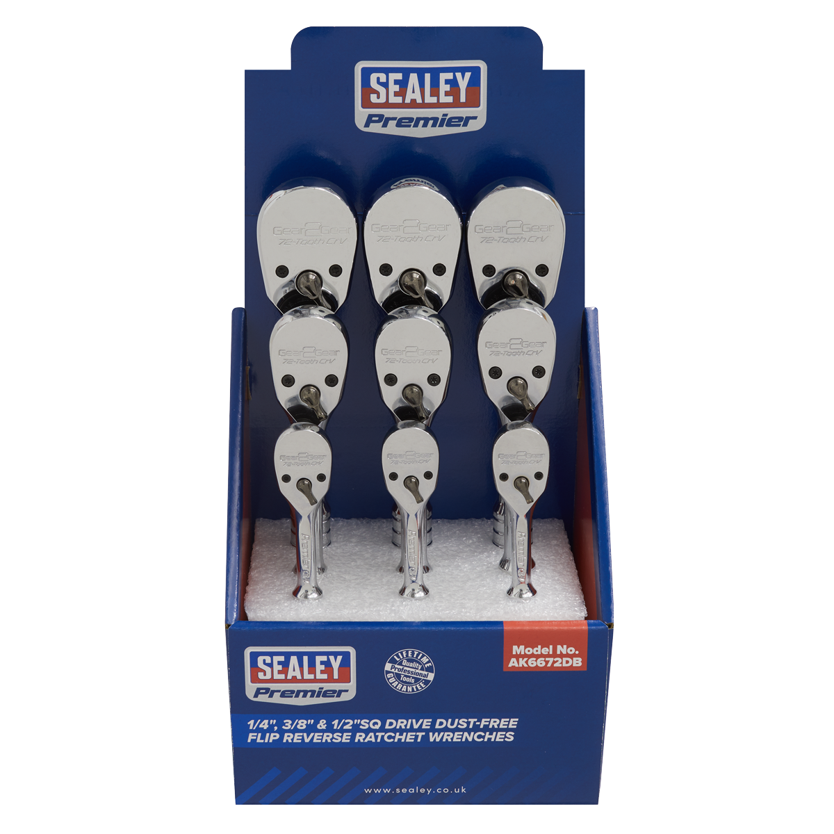 Premier Pear-Head Ratchet Wrenches with Flip Reverse 1/4", 3/8" & 1/2"Sq Drive - Display Box of 9