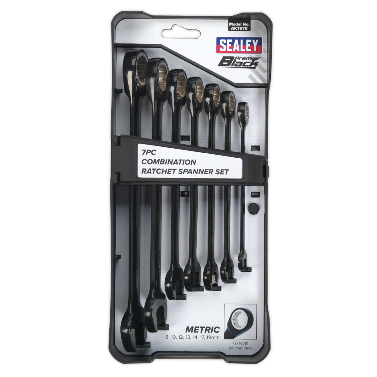 Premier Black Combination Ratchet Spanner Set 7pc