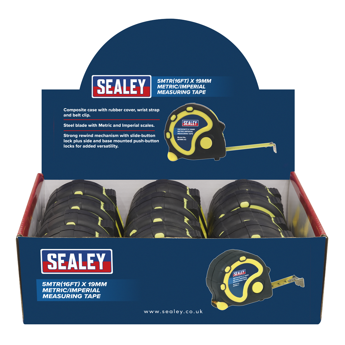 Metric/Imperial Rubber Tape Measure 5m(16ft) x 19mm - Display Box of 12