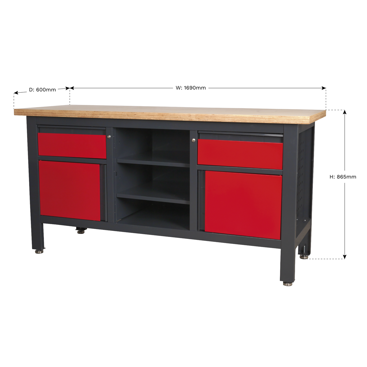 Workbench with 2 Drawers, 2 Cupboards & Open Storage