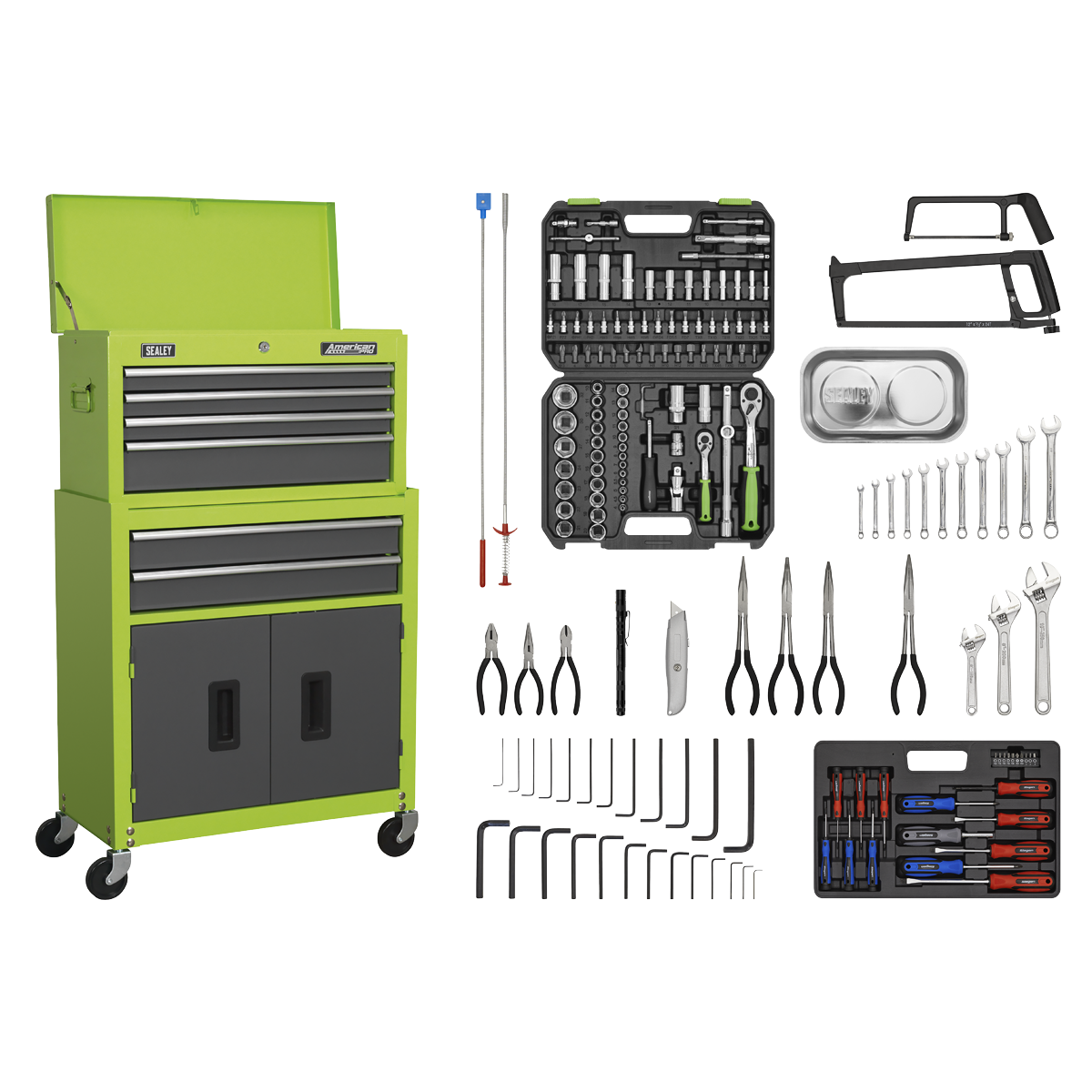American PRO® Topchest & Rollcab Combination 6 Drawer with 170pc Tool Kit - Green/Grey