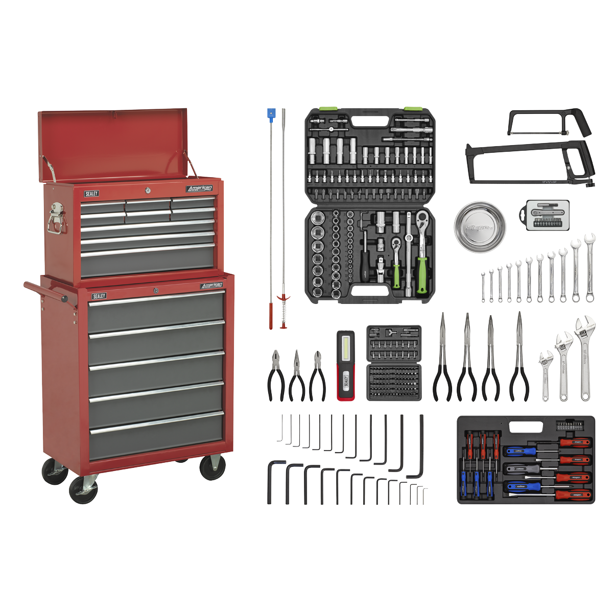 American PRO® Topchest & Rollcab Combination 14 Drawer with 281pc Tool Kit - Red/Grey