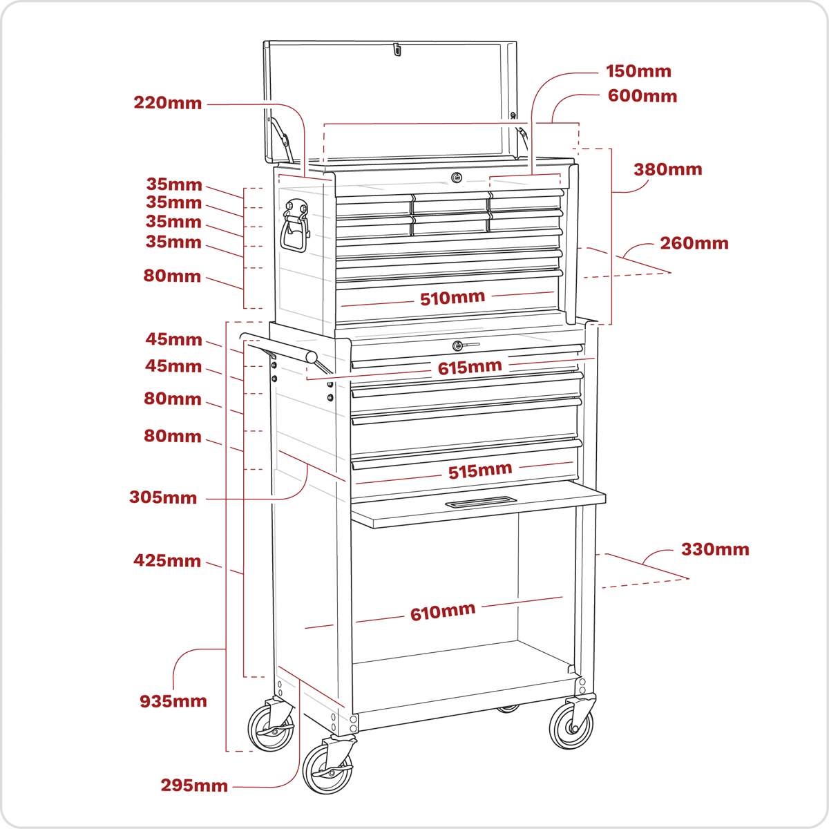 American PRO® Topchest & Rollcab Combination 13 Drawer - Red/Grey