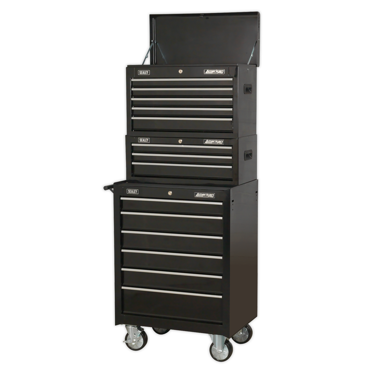 American PRO® Topchest, Mid-Box Tool Chest & Rollcab Stack 14 Drawer - Black