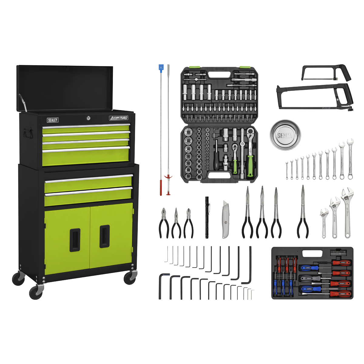 American PRO® Topchest & Rollcab Combination 6 Drawer with 170pc Tool Kit - Green/Black