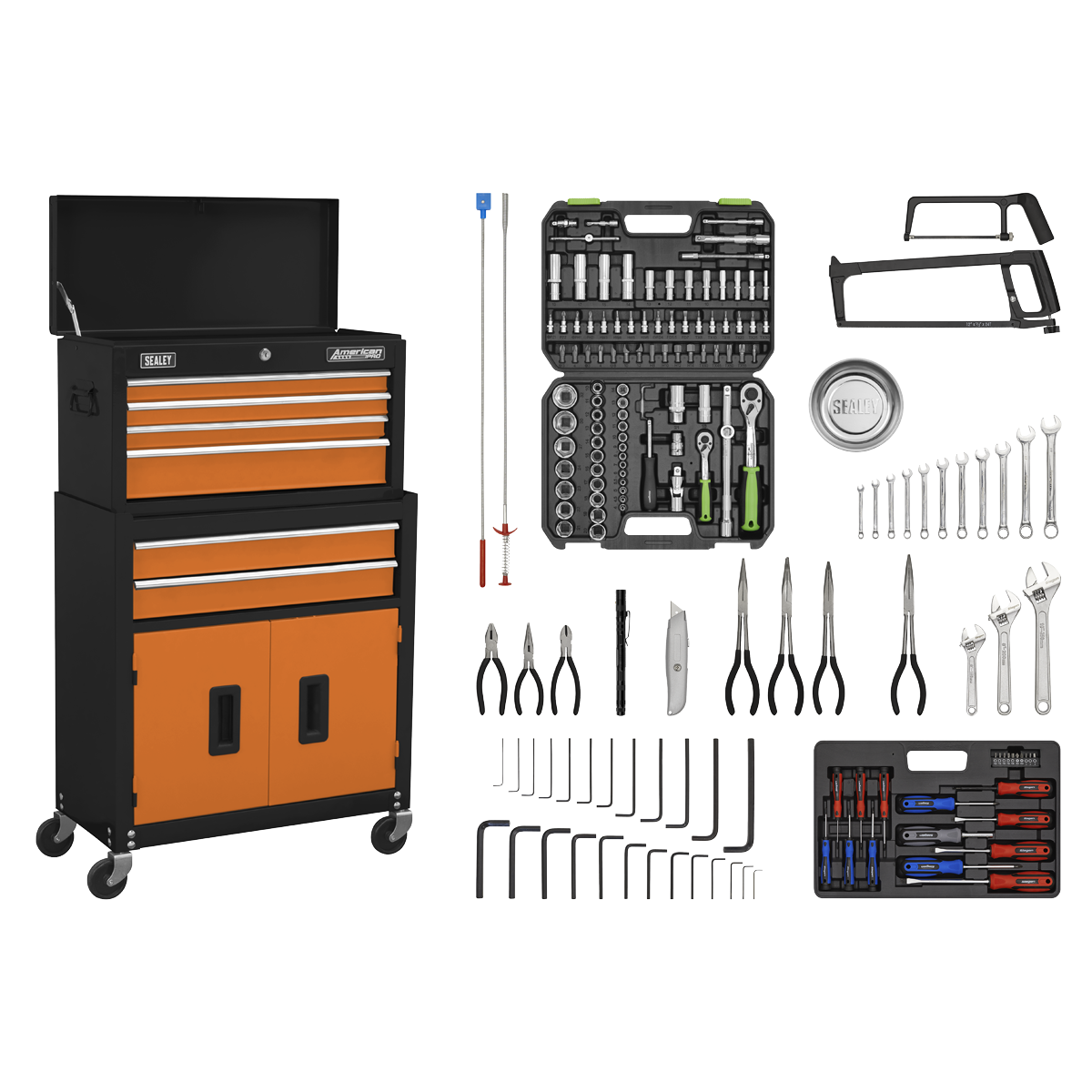 American PRO® Topchest & Rollcab Combination 6 Drawer with 170pc Tool Kit - Orange/Black
