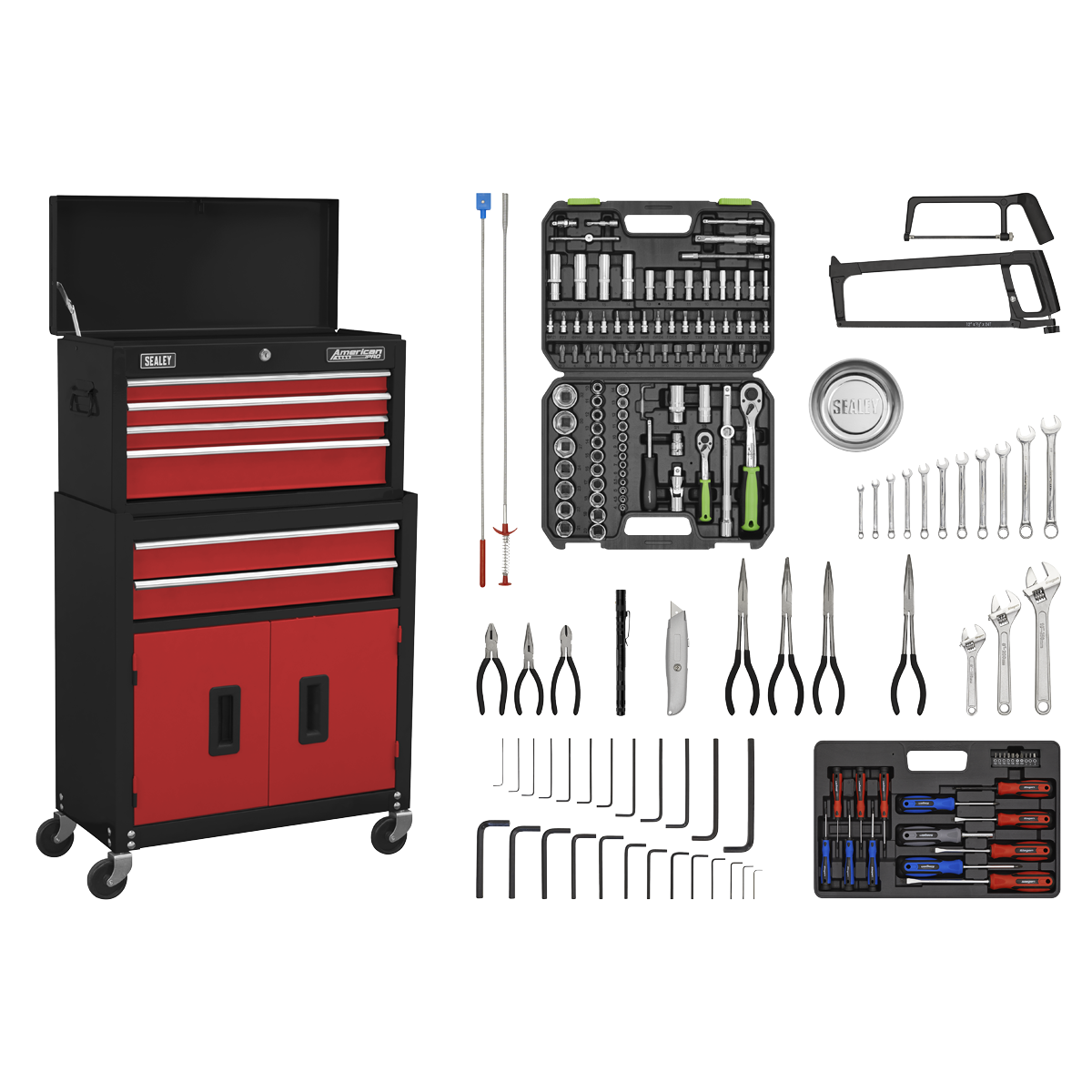 American PRO® Topchest & Rollcab Combination 6 Drawer with 170pc Tool Kit - Red/Black