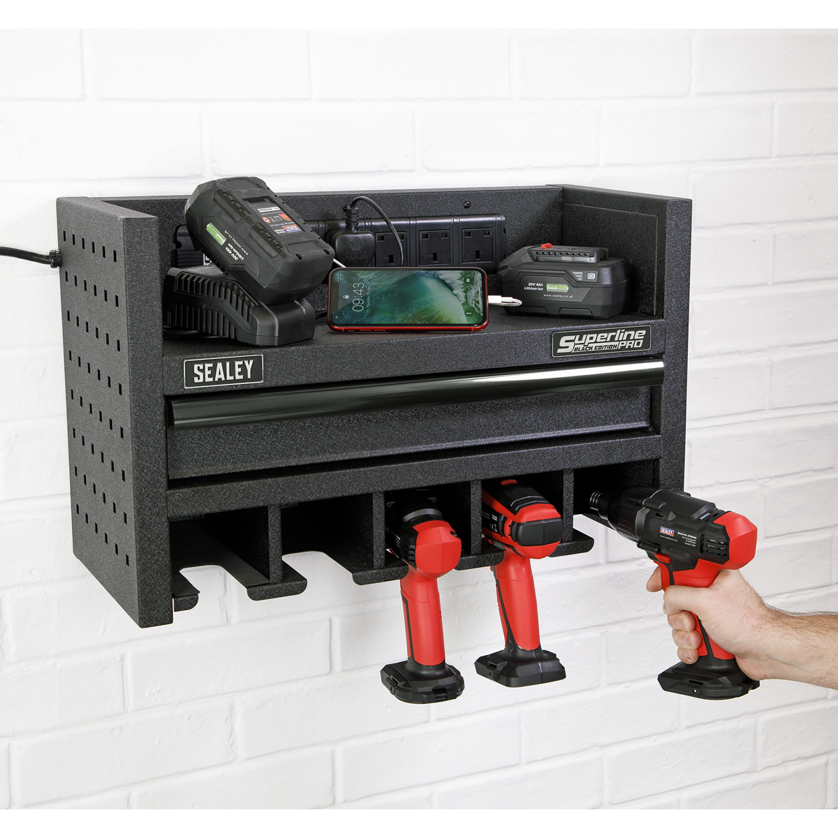 Superline PRO® Power Tool Storage Rack with Drawer & Power Strip