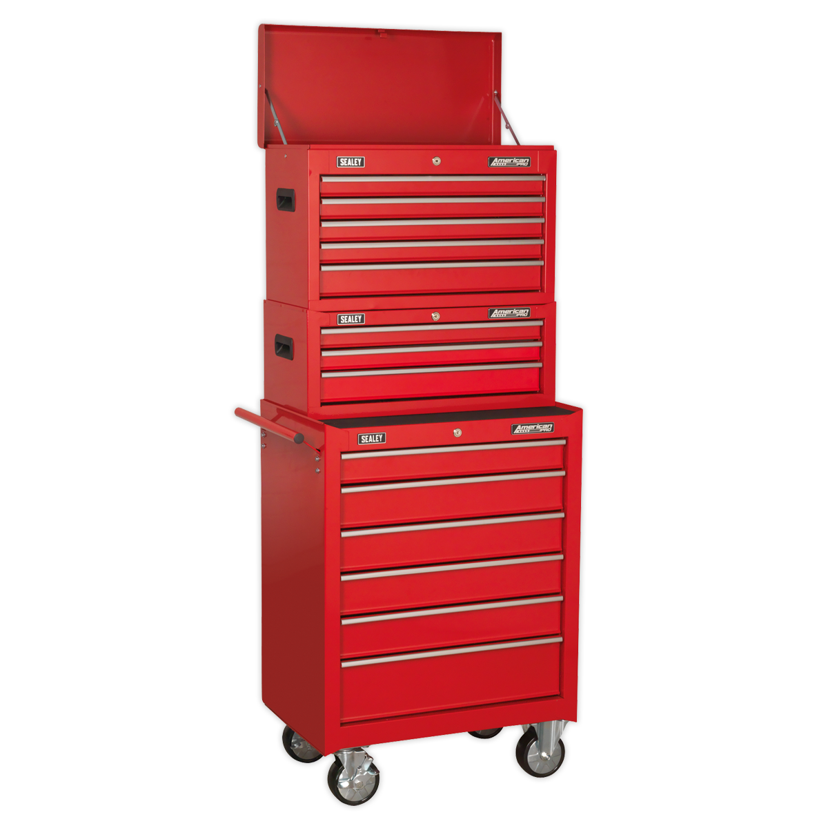 American PRO® Topchest, Mid-Box Tool Chest & Rollcab Stack 14 Drawer - Red