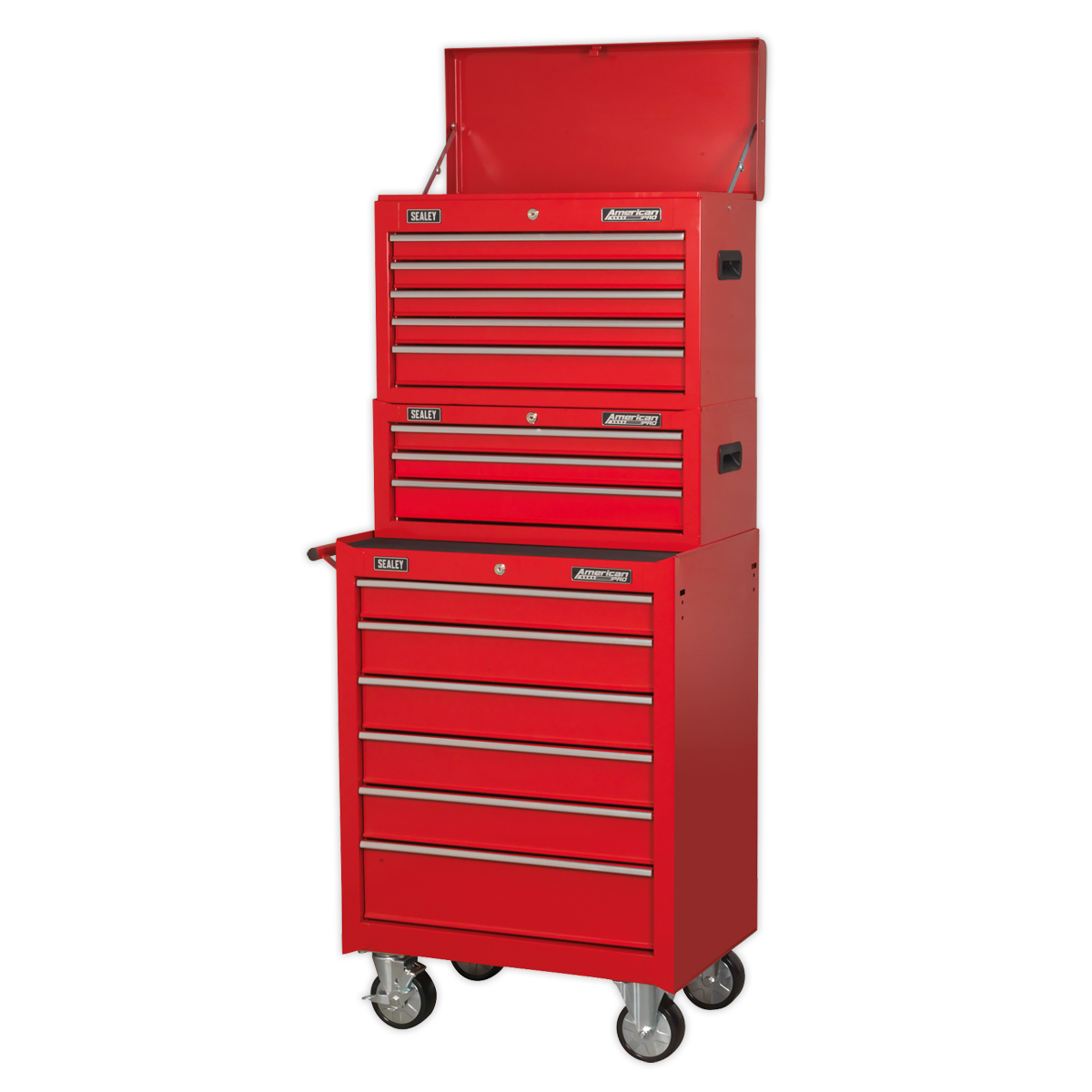 American PRO® Topchest, Mid-Box Tool Chest & Rollcab Stack 14 Drawer - Red