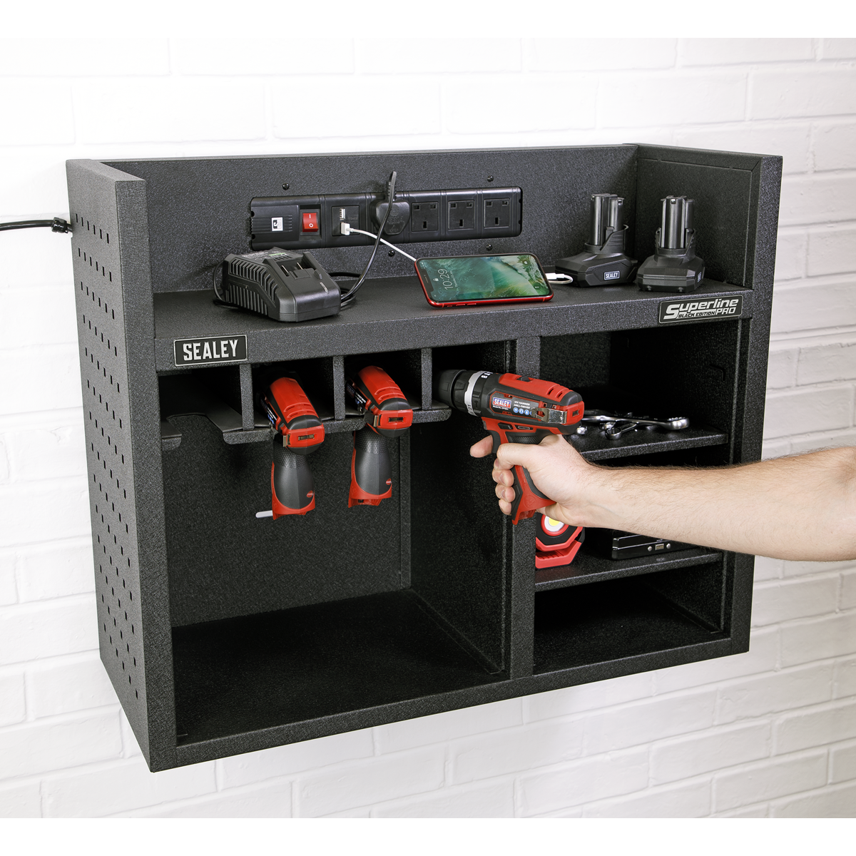 Superline PRO® Power Tool Storage Rack with Power Strip