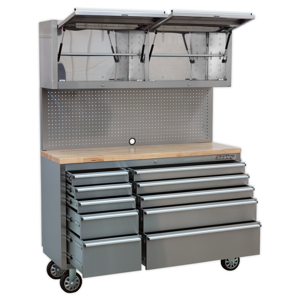 Premier™ Mobile Stainless Steel Tool Cabinet 10 Drawer with Backboard & 2 Wall Cupboards