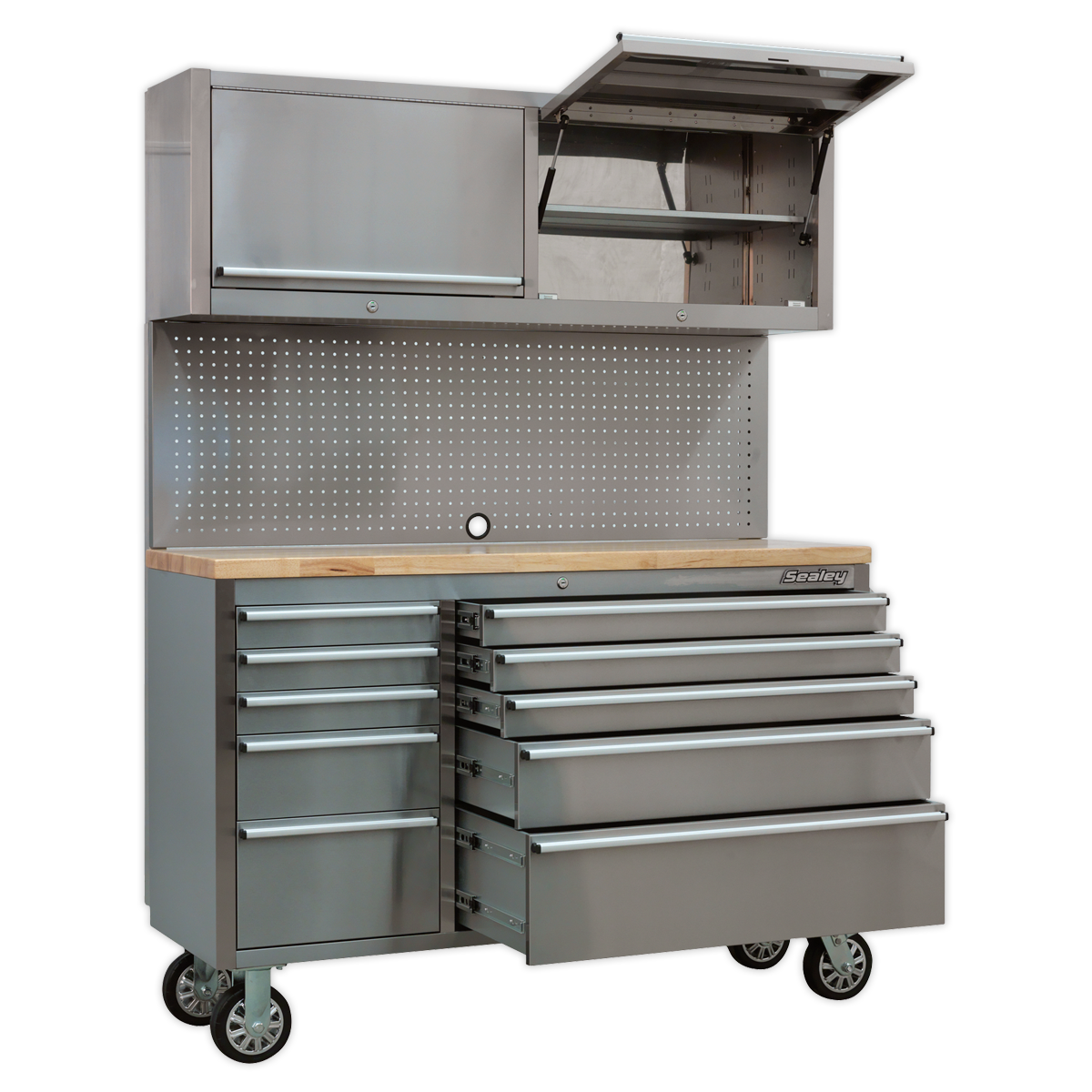 Premier™ Mobile Stainless Steel Tool Cabinet 10 Drawer with Backboard & 2 Wall Cupboards