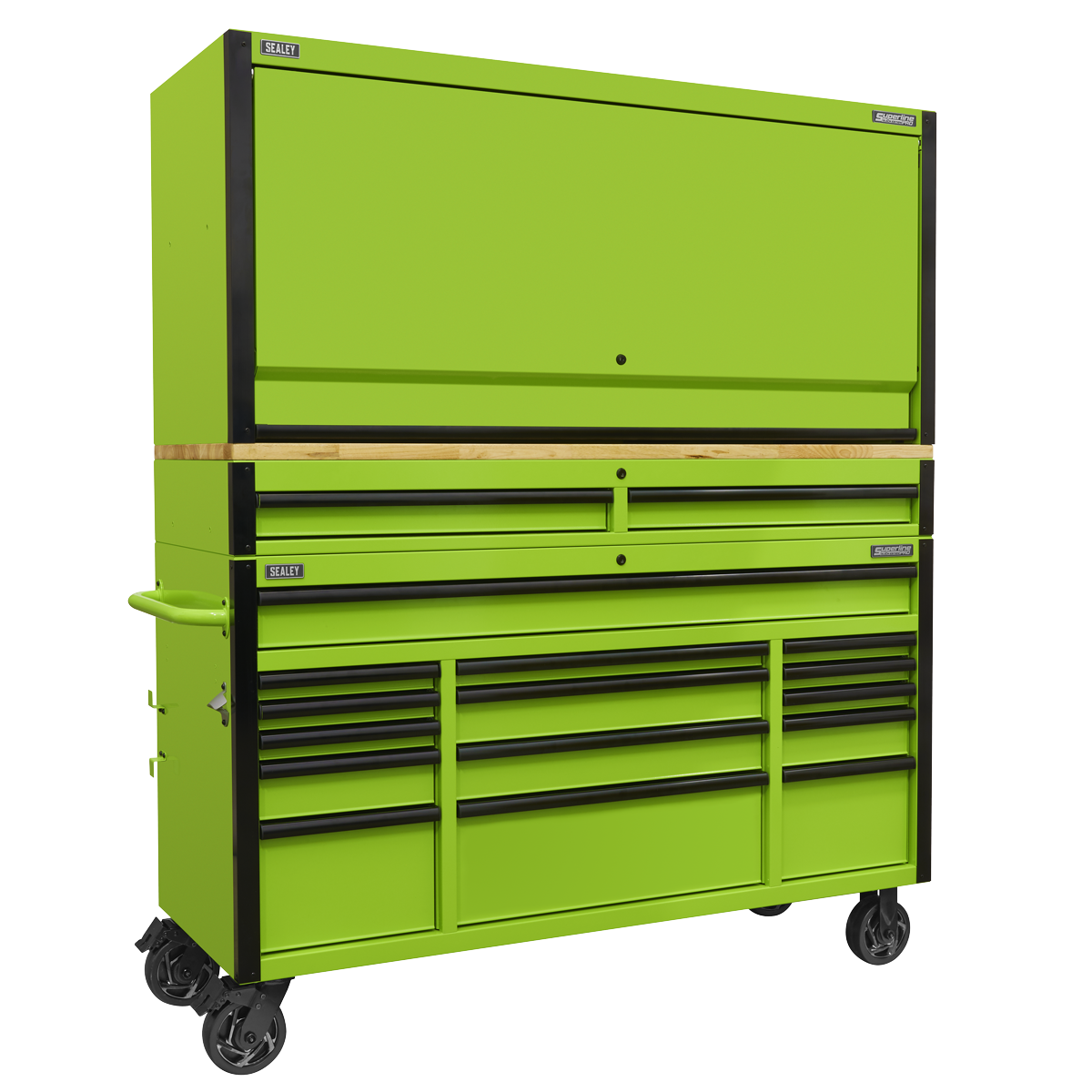 Superline PRO® Black Edition Mobile Trolley with Wooden Worktop, Hutch & 2 Drawer Riser 15 Drawer 1549mm