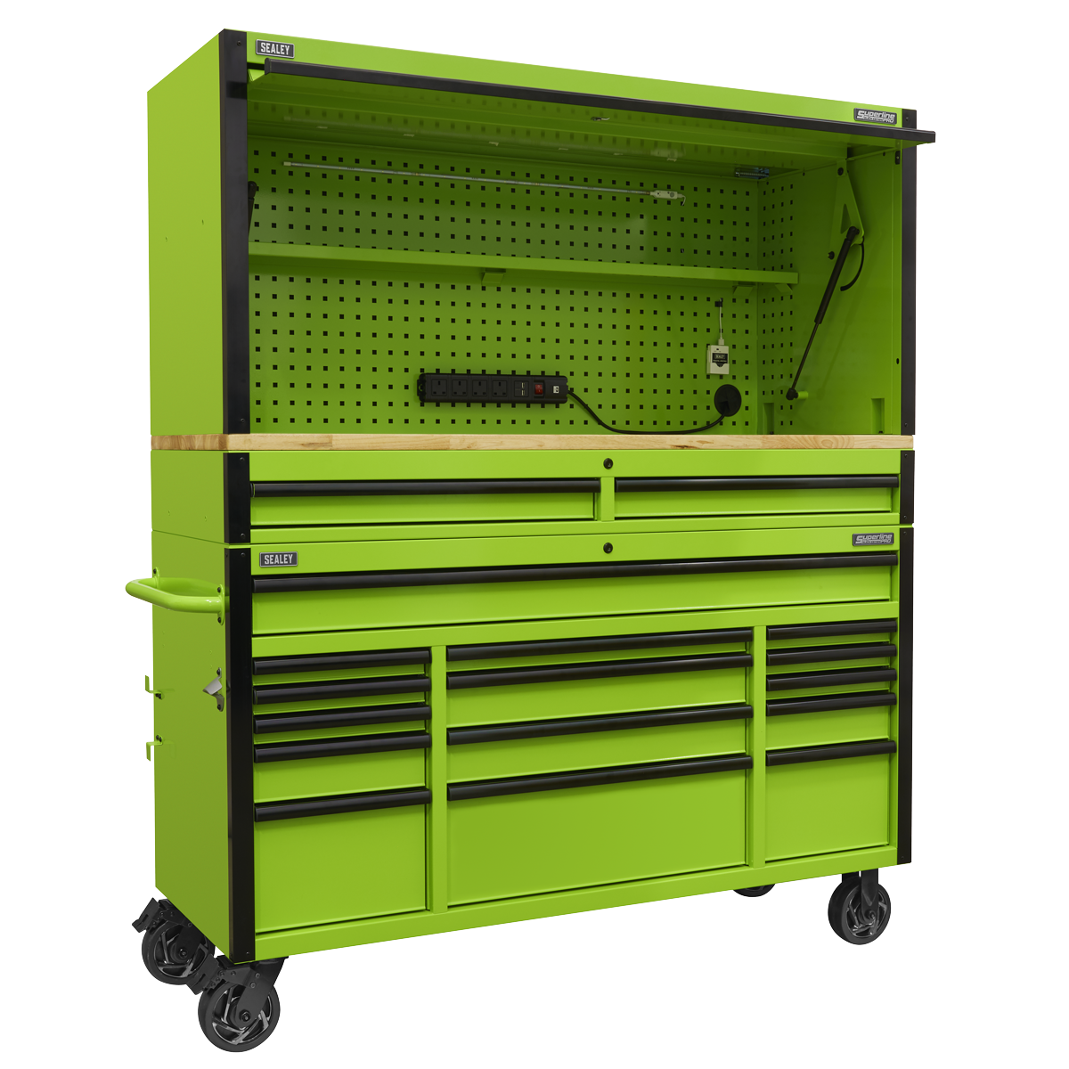 Superline PRO® Black Edition Mobile Trolley with Wooden Worktop, Hutch & 2 Drawer Riser 15 Drawer 1549mm