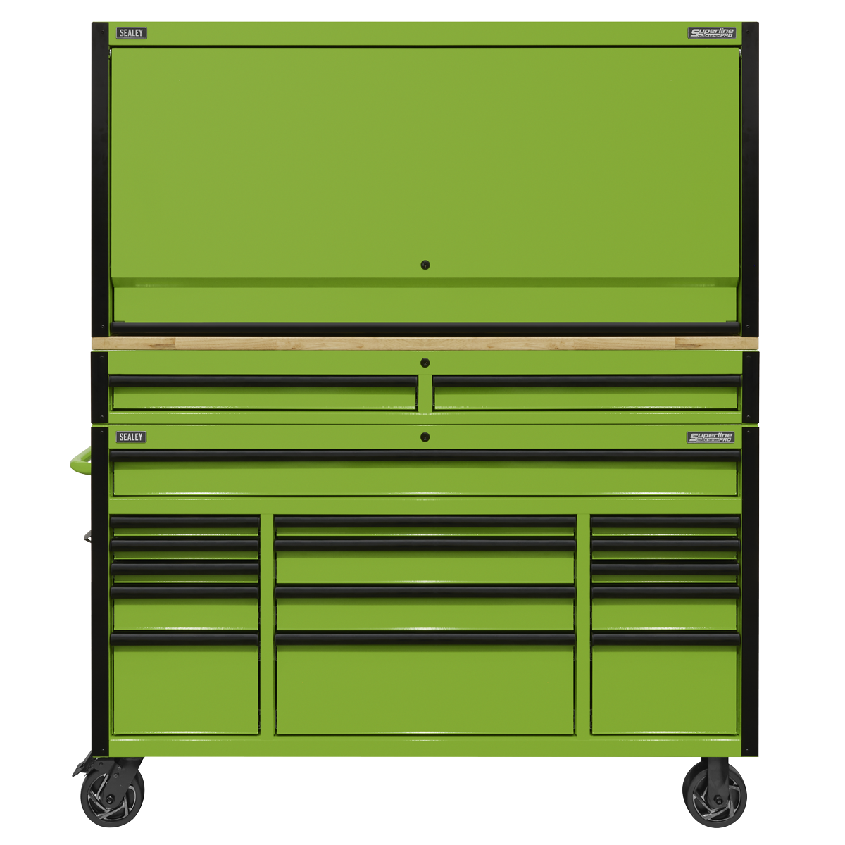 Superline PRO® Black Edition Mobile Trolley with Wooden Worktop, Hutch & 2 Drawer Riser 15 Drawer 1549mm