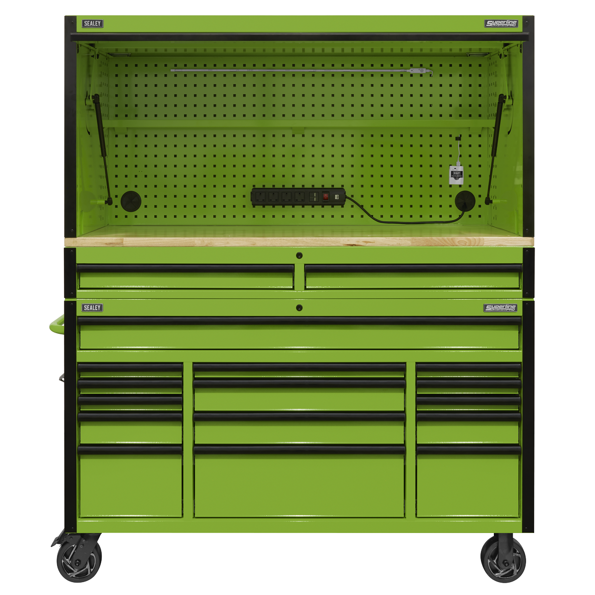 Superline PRO® Black Edition Mobile Trolley with Wooden Worktop, Hutch & 2 Drawer Riser 15 Drawer 1549mm