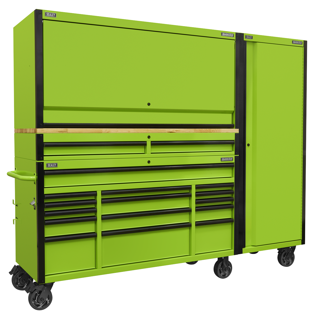 Superline PRO® Black Edition Mobile Trolley with Wooden Worktop, Hutch, 2 Drawer Riser & Side Locker 15 Drawer 1549mm