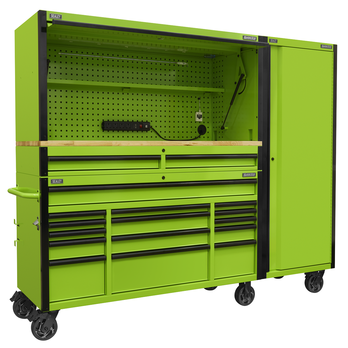 Superline PRO® Black Edition Mobile Trolley with Wooden Worktop, Hutch, 2 Drawer Riser & Side Locker 15 Drawer 1549mm