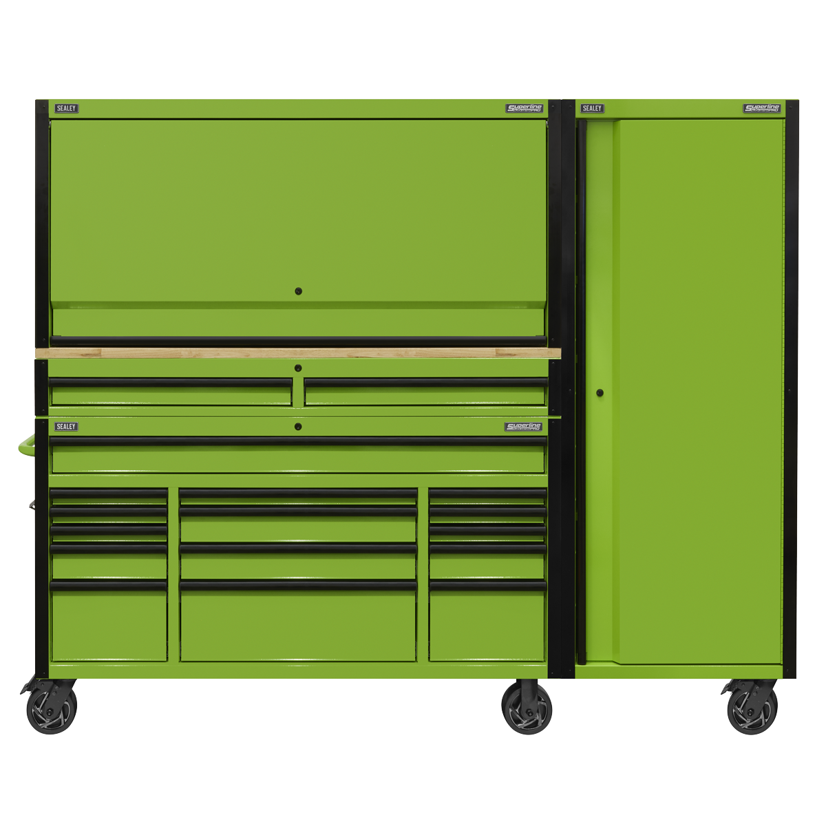 Superline PRO® Black Edition Mobile Trolley with Wooden Worktop, Hutch, 2 Drawer Riser & Side Locker 15 Drawer 1549mm