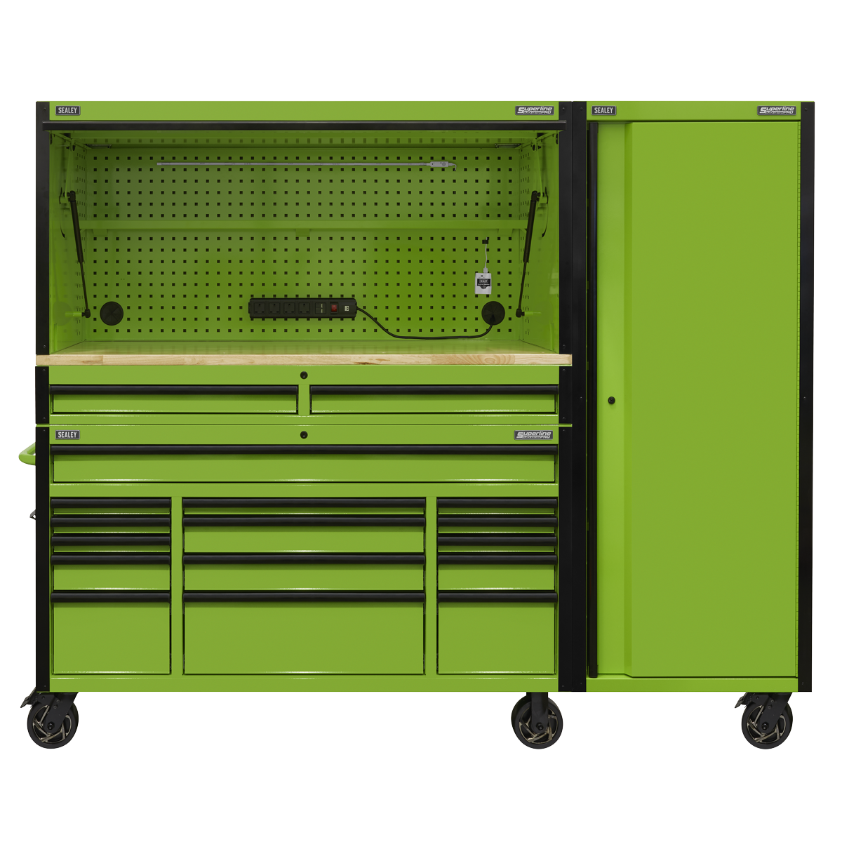 Superline PRO® Black Edition Mobile Trolley with Wooden Worktop, Hutch, 2 Drawer Riser & Side Locker 15 Drawer 1549mm