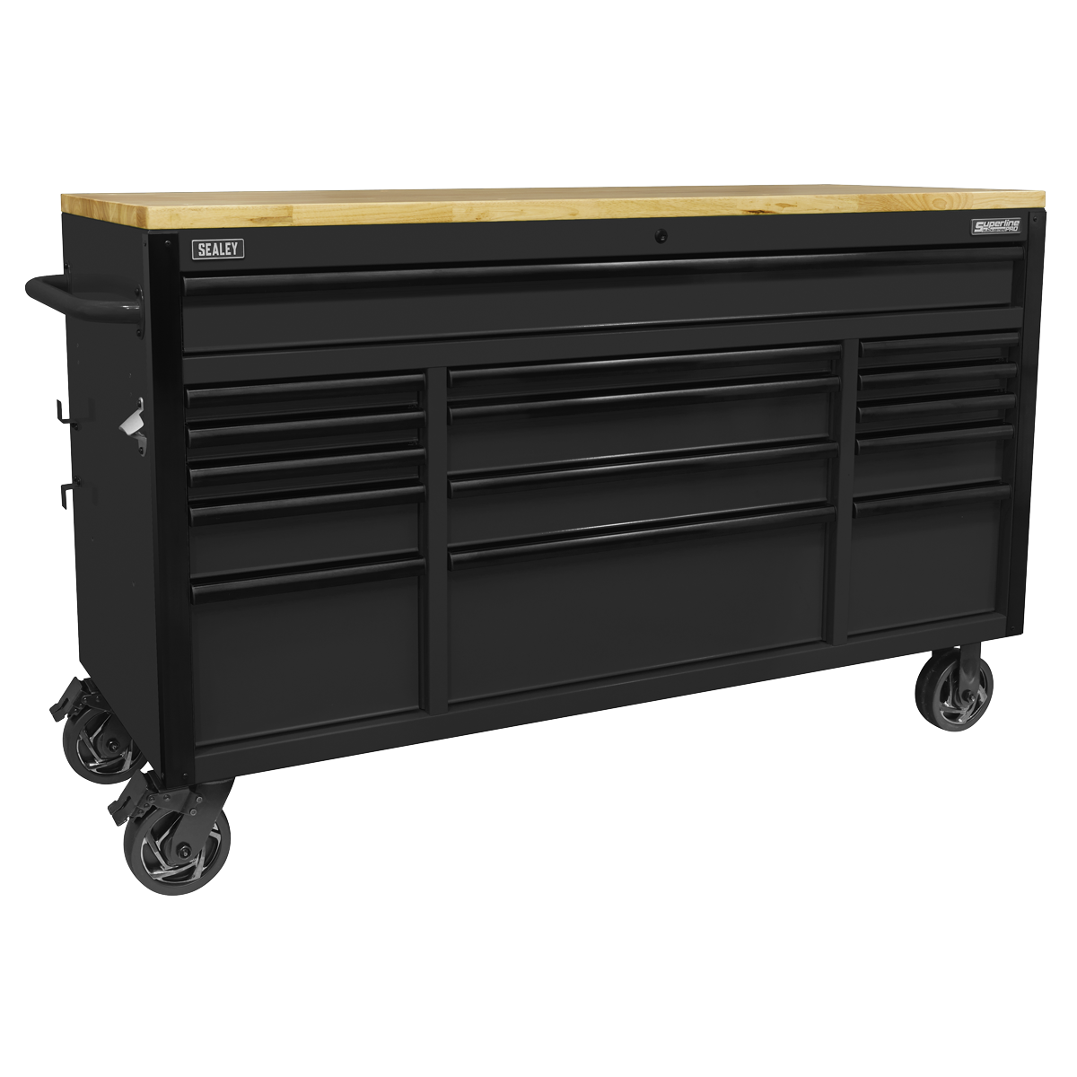 Superline PRO® Black Edition Mobile Trolley with Wooden Worktop 15 Drawer 1549mm