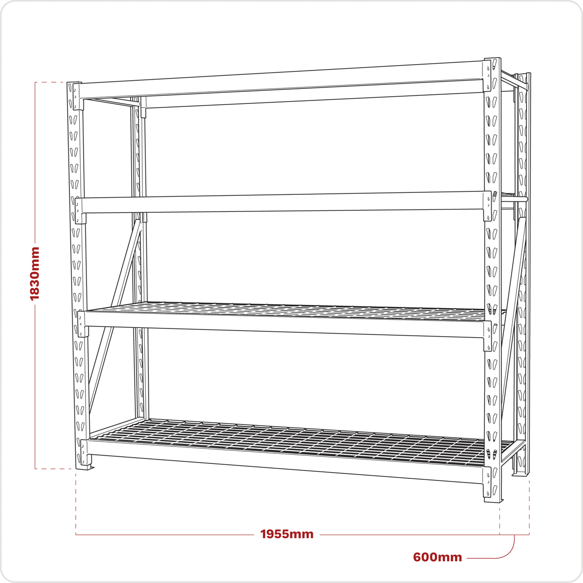 Heavy-Duty Racking Unit with 4 Mesh Shelves 640kg Capacity Per Level