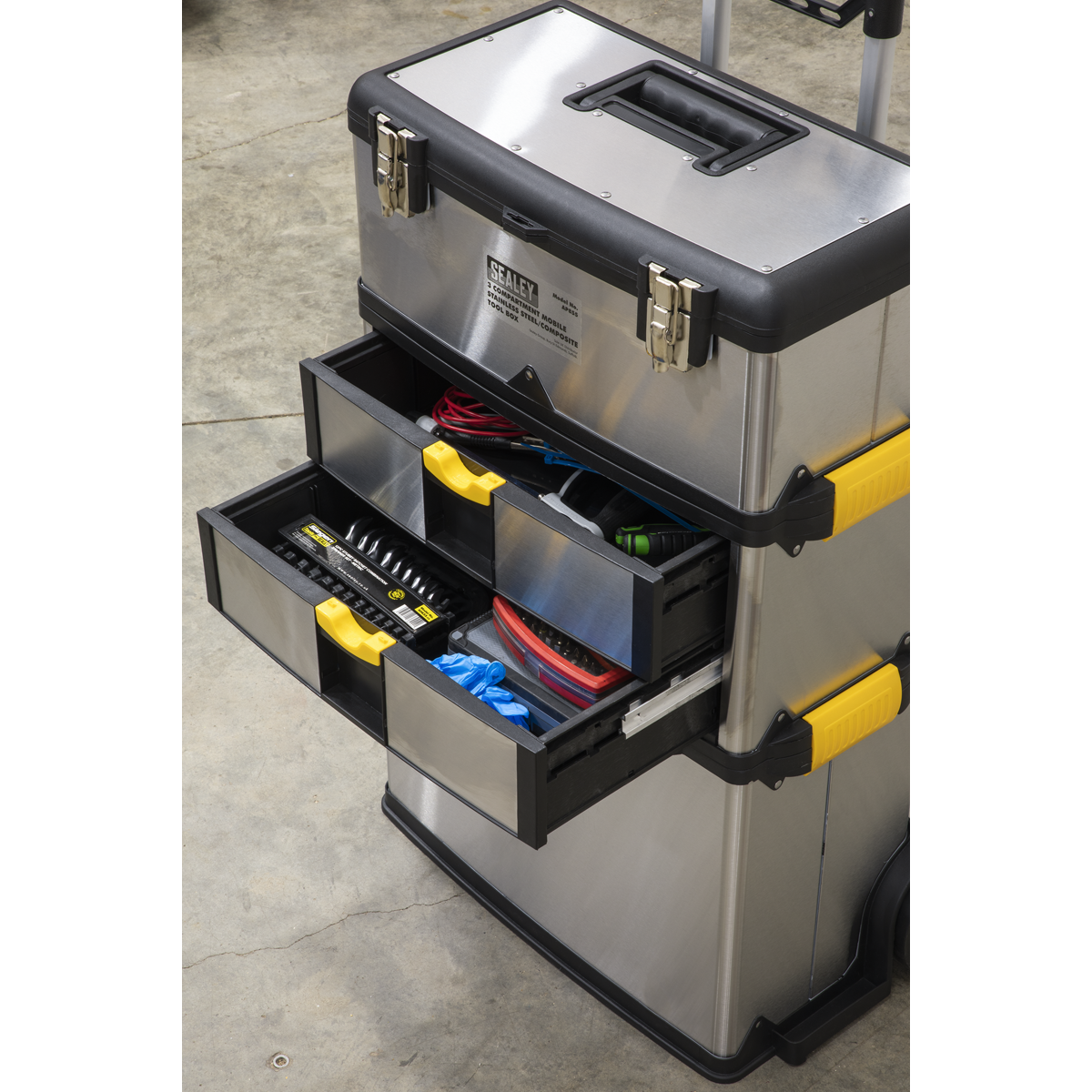 Mobile Stainless Steel/Composite Toolbox with 3 Compartments