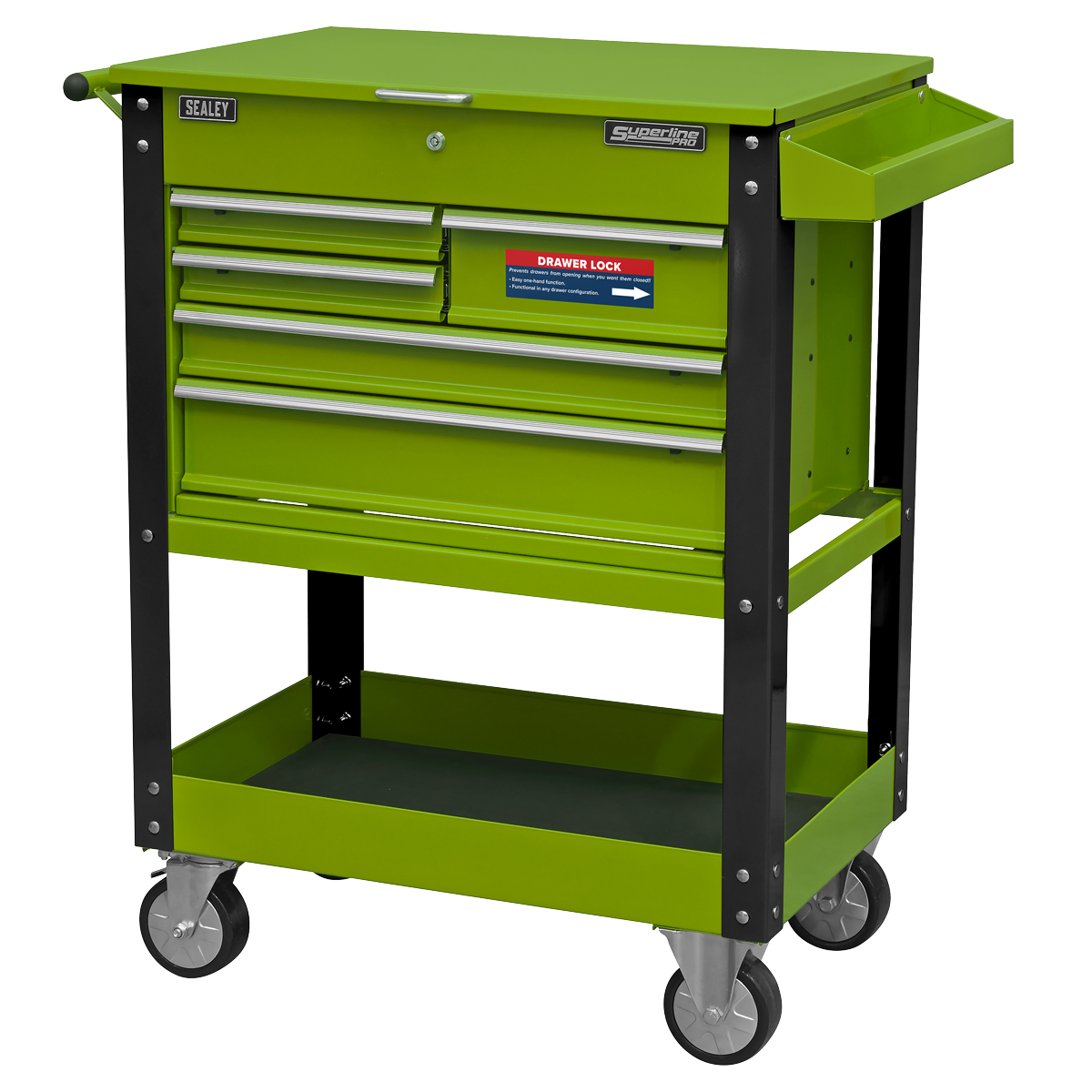 Superline PRO® Heavy-Duty Mobile Tool & Parts Trolley with 5 Drawers and Lockable Top - Hi-Vis Green
