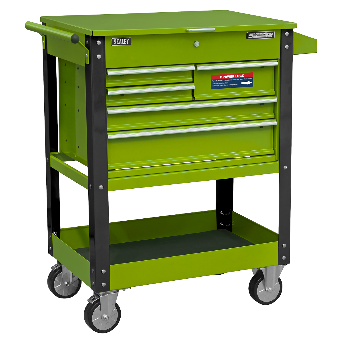Superline PRO® Heavy-Duty Mobile Tool & Parts Trolley with 5 Drawers and Lockable Top - Hi-Vis Green
