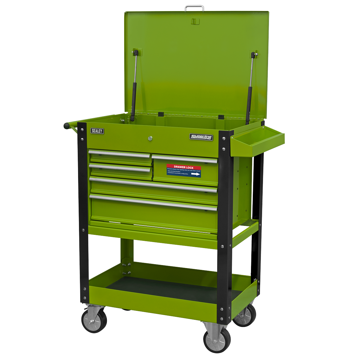 Superline PRO® Heavy-Duty Mobile Tool & Parts Trolley with 5 Drawers and Lockable Top - Hi-Vis Green