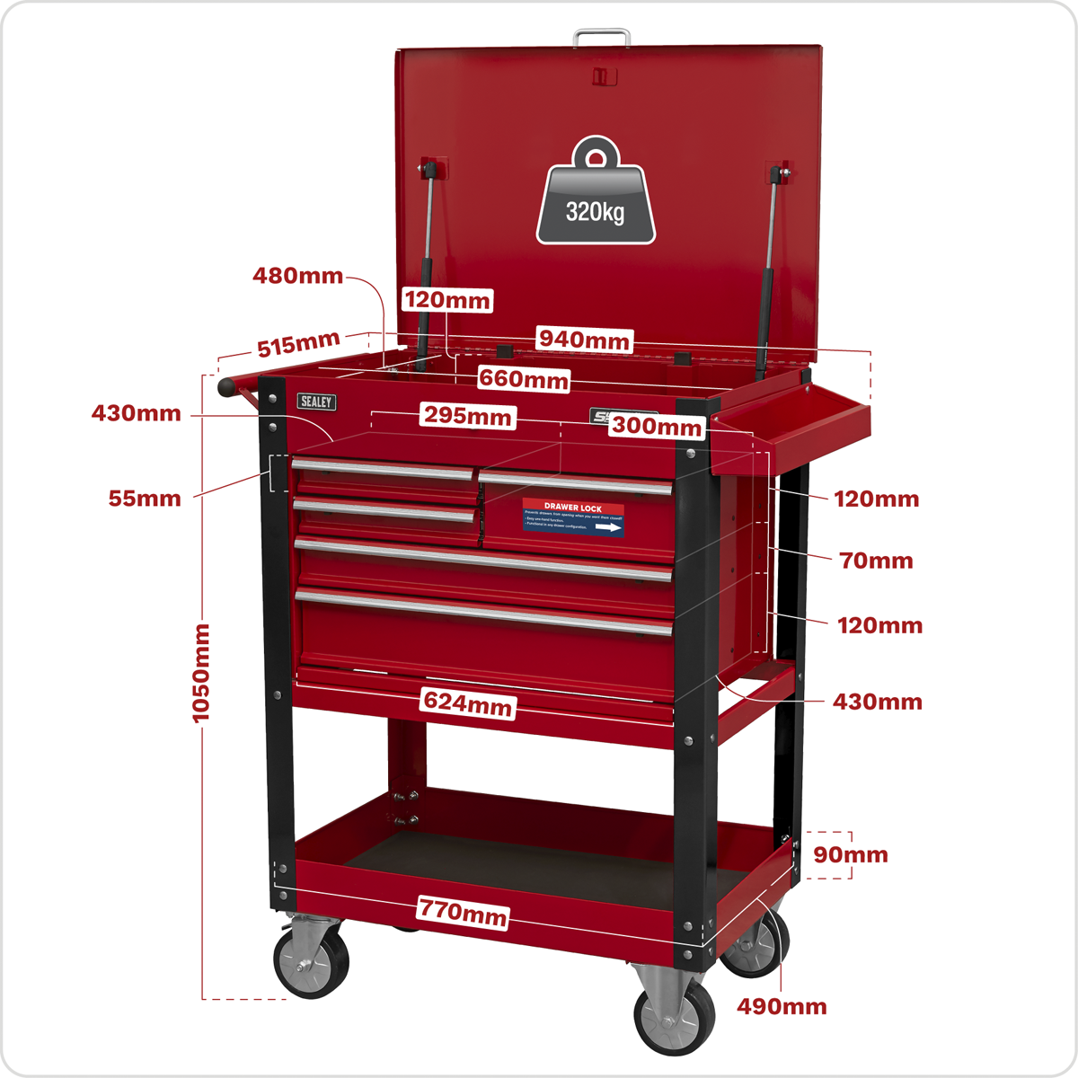 Superline PRO® Heavy-Duty Mobile Tool & Parts Trolley with 5 Drawers & Lockable Top