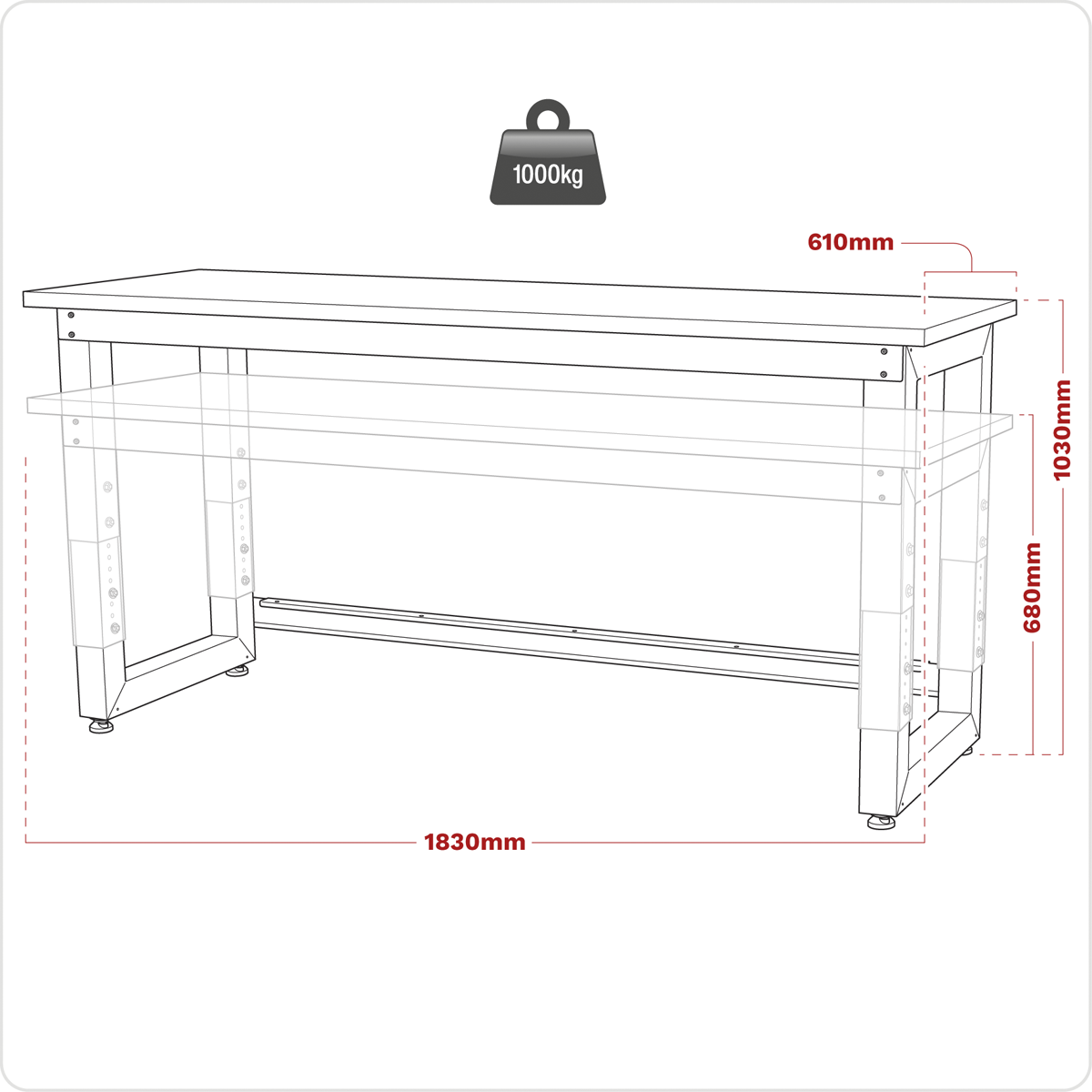 Premier™ Heavy-Duty Steel Adjustable Workbench with Stainless Steel Worktop 1830mm