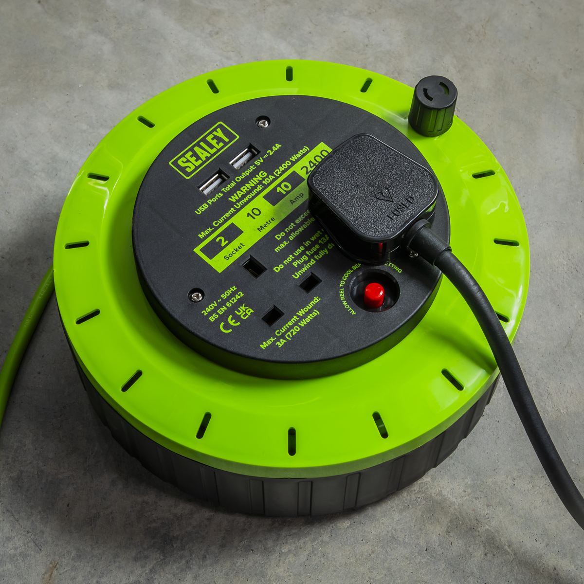 10m Cassette Type Cable Reel with Thermal Trip 2 x 230V & 2 x USB - Hi-Vis Green