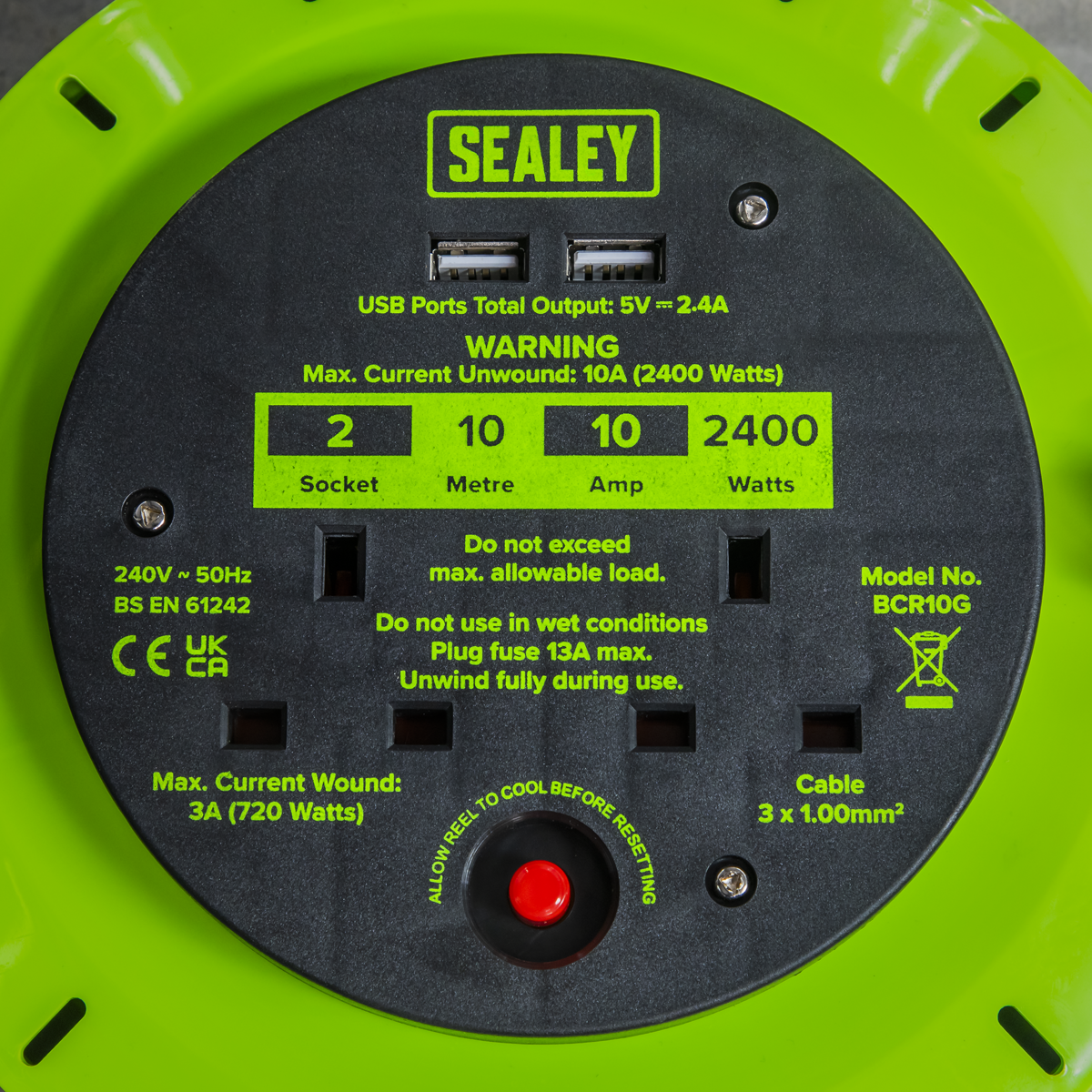 10m Cassette Type Cable Reel with Thermal Trip 2 x 230V & 2 x USB - Hi-Vis Green