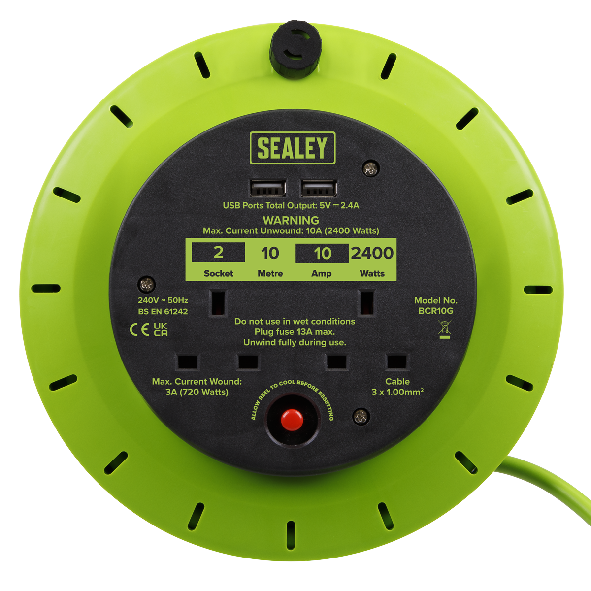 10m Cassette Type Cable Reel with Thermal Trip 2 x 230V & 2 x USB - Hi-Vis Green