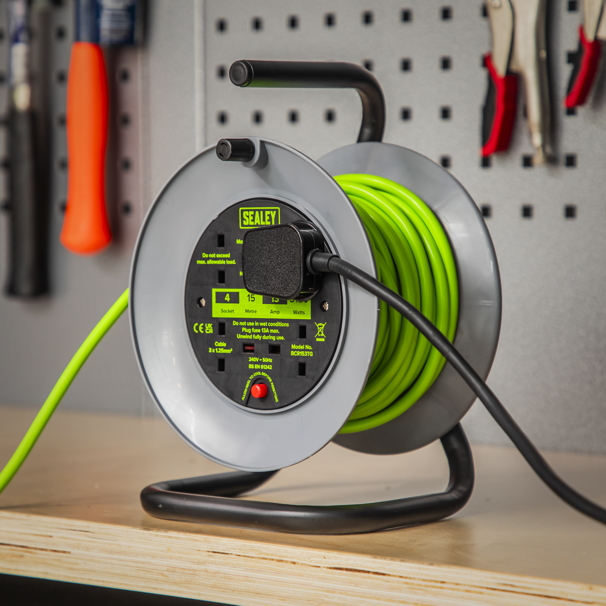 15m Cable Reel with Thermal Trip 4 x 230V - Hi-Vis Green