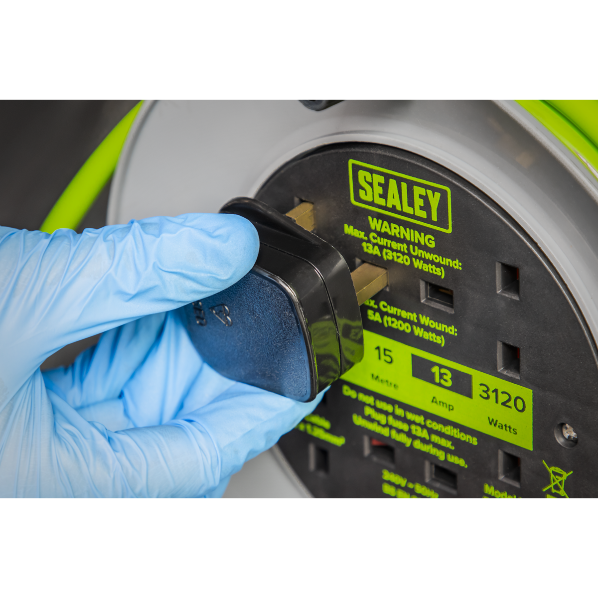15m Cable Reel with Thermal Trip 4 x 230V - Hi-Vis Green