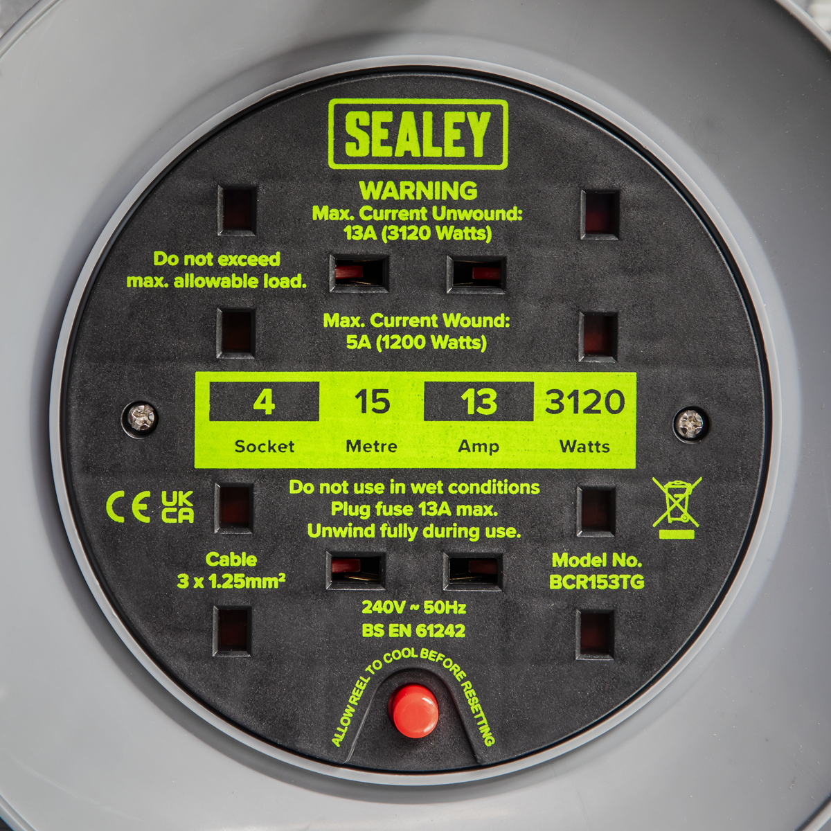 15m Cable Reel with Thermal Trip 4 x 230V - Hi-Vis Green