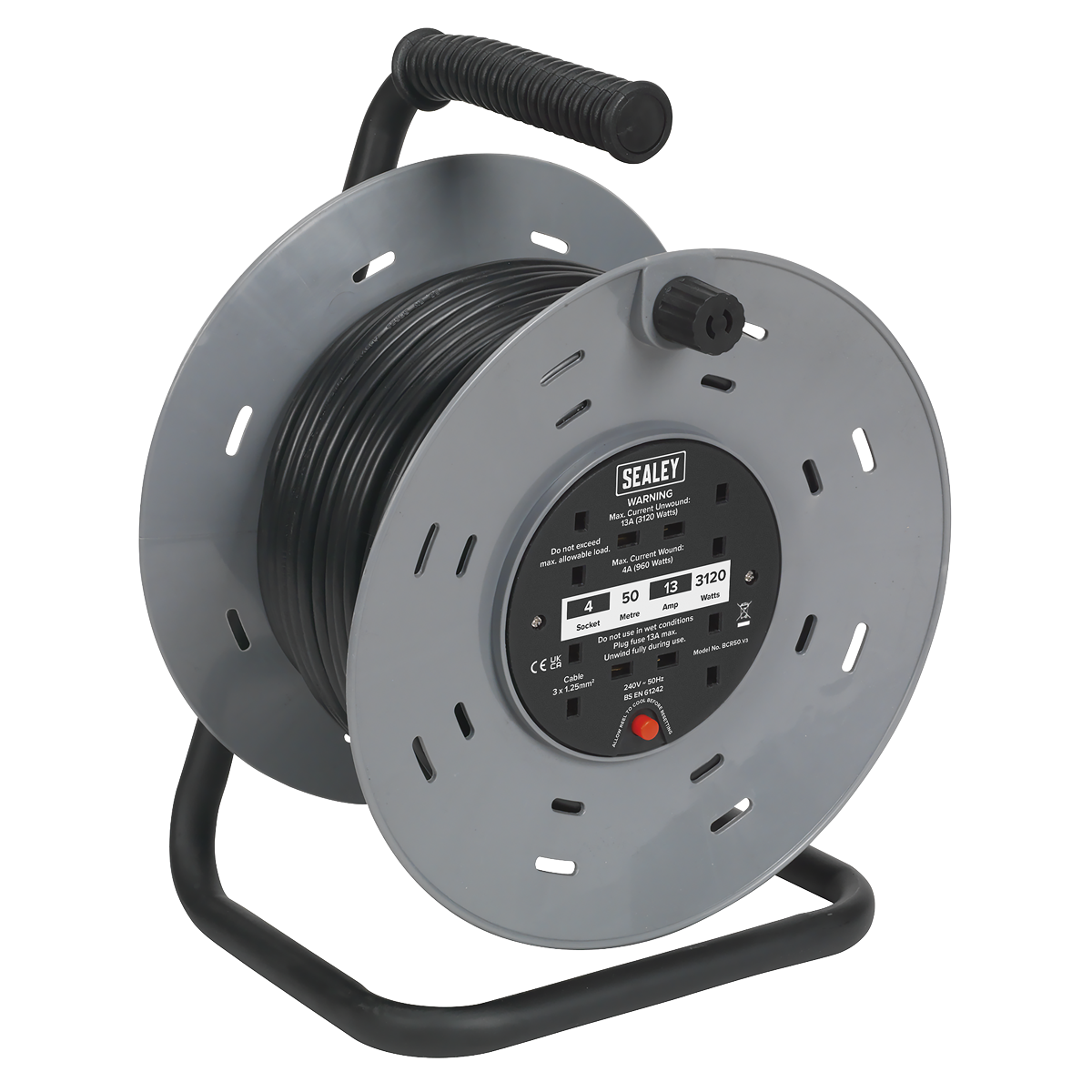 50m Cable Reel with Thermal Trip 4 x 230V