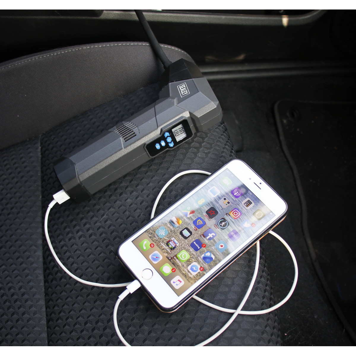 Compact Rechargeable Tyre Inflator & Power Bank with Worklight