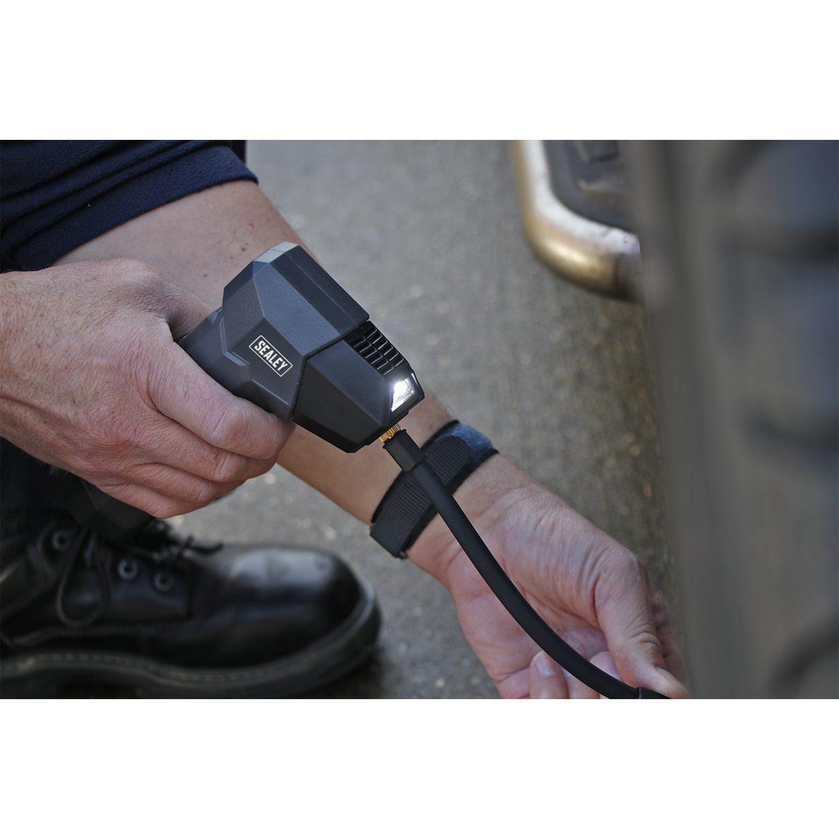 Compact Rechargeable Tyre Inflator & Power Bank with Worklight