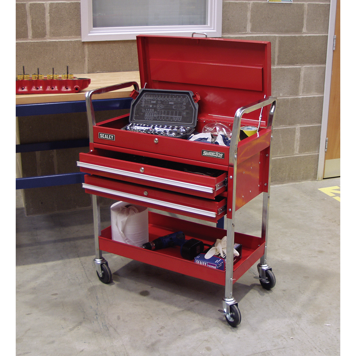 Superline PRO® Heavy-Duty Trolley with Lockable Top & 2 Drawers 2-Level