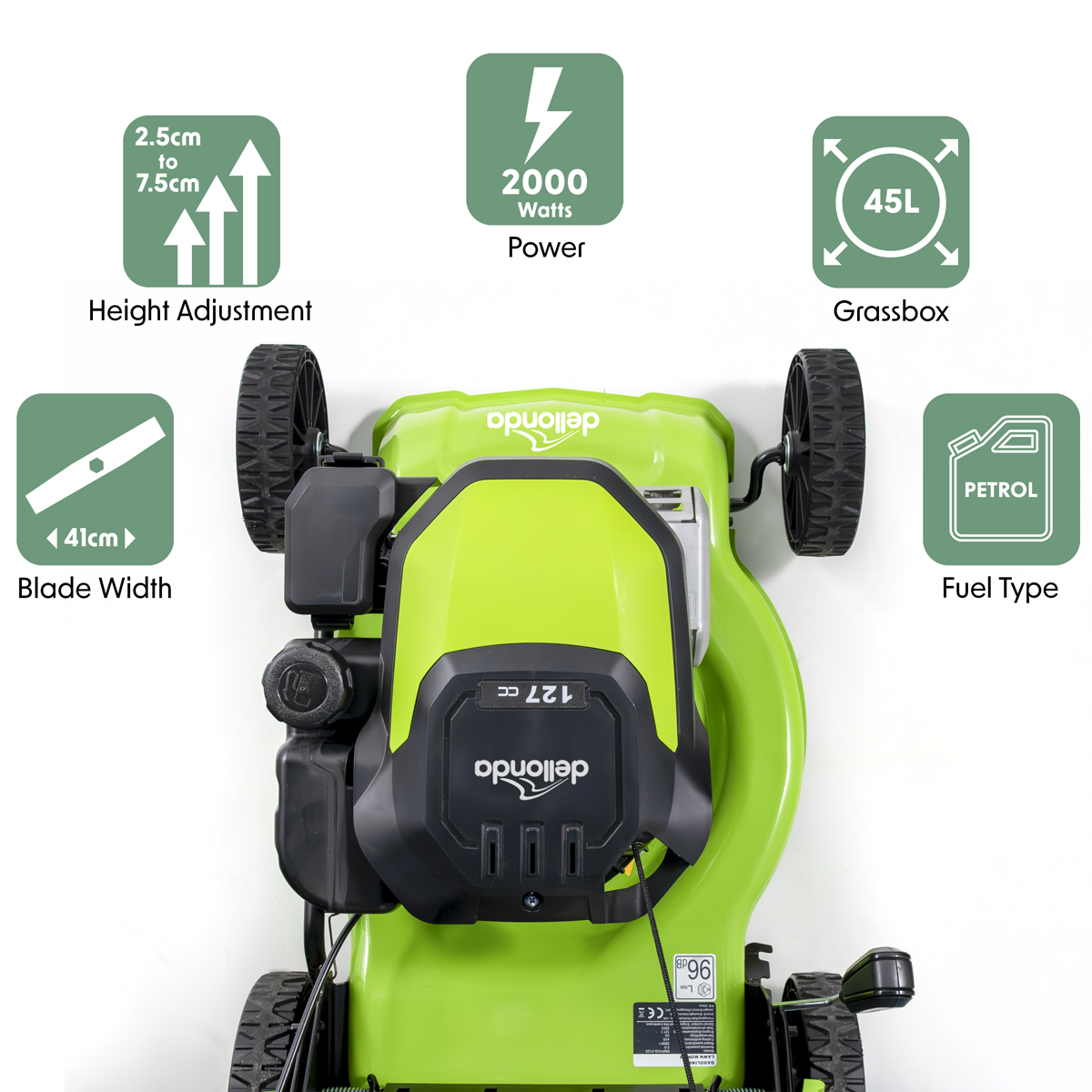 Dellonda Hand-Propelled Petrol Lawnmower Grass Cutter, 127cc 17"/41cm 4-Stroke