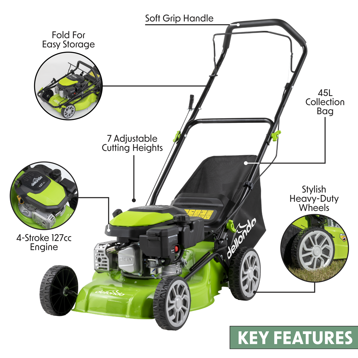 Dellonda Hand-Propelled Petrol Lawnmower Grass Cutter, 127cc 17"/41cm 4-Stroke