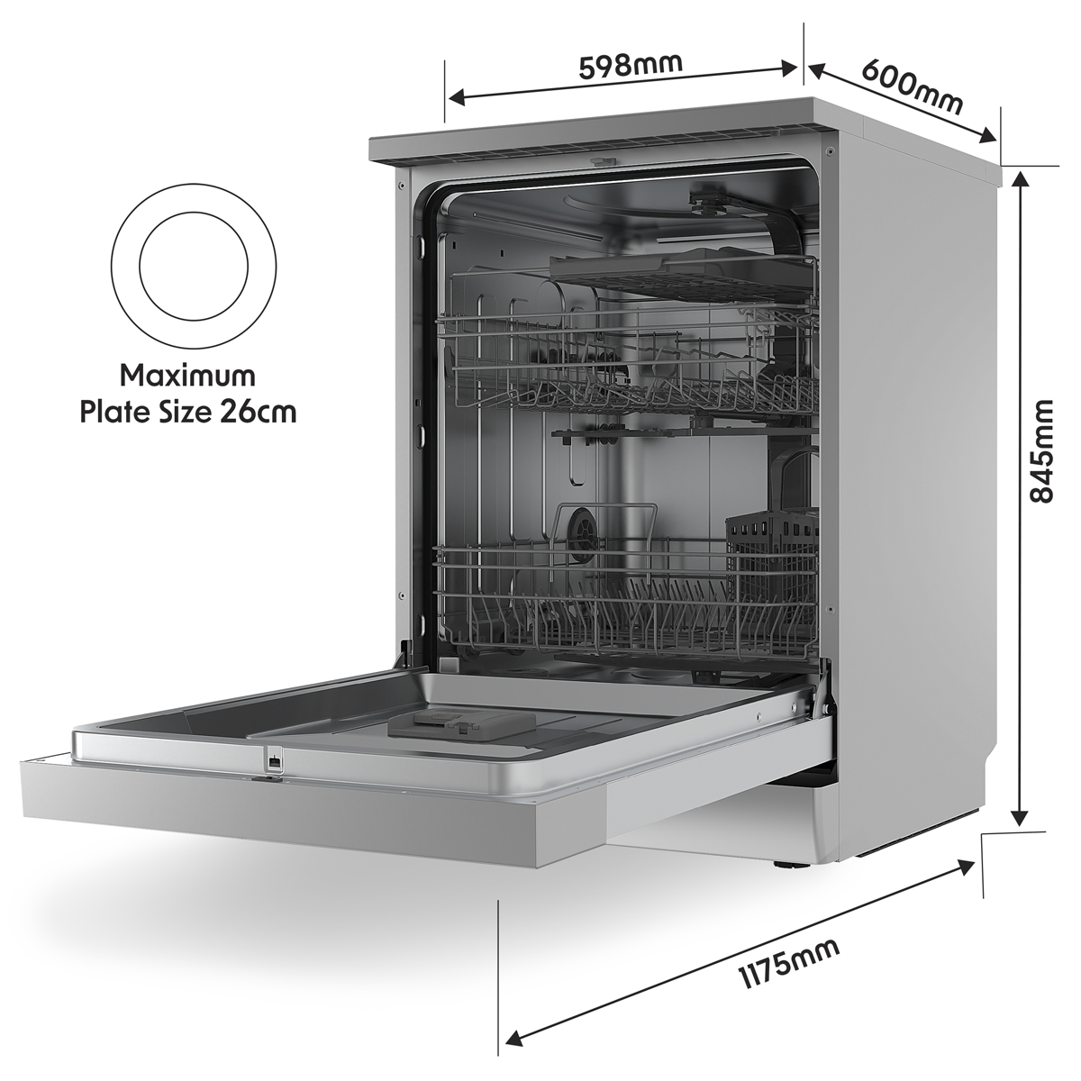 Baridi Regular Sized Freestanding Dishwasher 60cm Wide 14 Place Settings - Silver