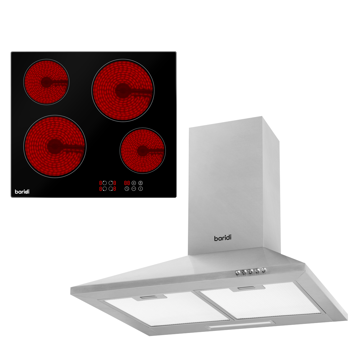 Baridi Integrated Ceramic Hob with 4 Cooking Zones 60cm & Cooker Hood with Carbon Filters 60cm
